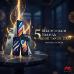 Banner rekomendasi 5 ponsel idaman terkini akhir tahun 2025 dengan ilustrasi beberapa smartphone premium di atas meja marmer.