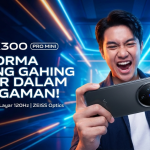 Banner promosi smartphone vivo X300 Pro Mini menampilkan seorang pria berekspresi semangat sedang bermain game dengan posisi landscape. Background neon futuristik dengan teks headline 'Performa Gaming Gahar Dalam Genggaman'. Terlihat modul kamera bulat dengan logo ZEISS dan detail spesifikasi Chipset Flagship serta Layar 120Hz