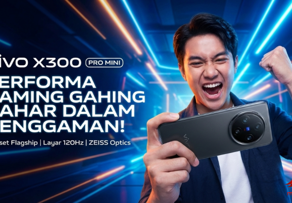 Banner promosi smartphone vivo X300 Pro Mini menampilkan seorang pria berekspresi semangat sedang bermain game dengan posisi landscape. Background neon futuristik dengan teks headline 'Performa Gaming Gahar Dalam Genggaman'. Terlihat modul kamera bulat dengan logo ZEISS dan detail spesifikasi Chipset Flagship serta Layar 120Hz