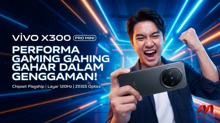 Banner promosi smartphone vivo X300 Pro Mini menampilkan seorang pria berekspresi semangat sedang bermain game dengan posisi landscape. Background neon futuristik dengan teks headline 'Performa Gaming Gahar Dalam Genggaman'. Terlihat modul kamera bulat dengan logo ZEISS dan detail spesifikasi Chipset Flagship serta Layar 120Hz