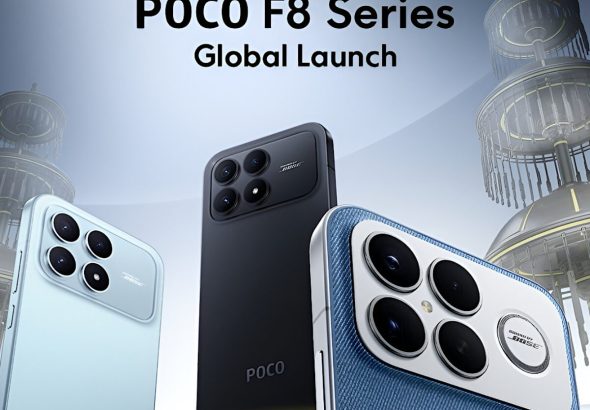 Banner promosi peluncuran global POCO F8 Series menampilkan tiga unit smartphone dengan varian warna biru muda, hitam matte, dan biru bertekstur, serta modul kamera belakang yang besar dan modern.