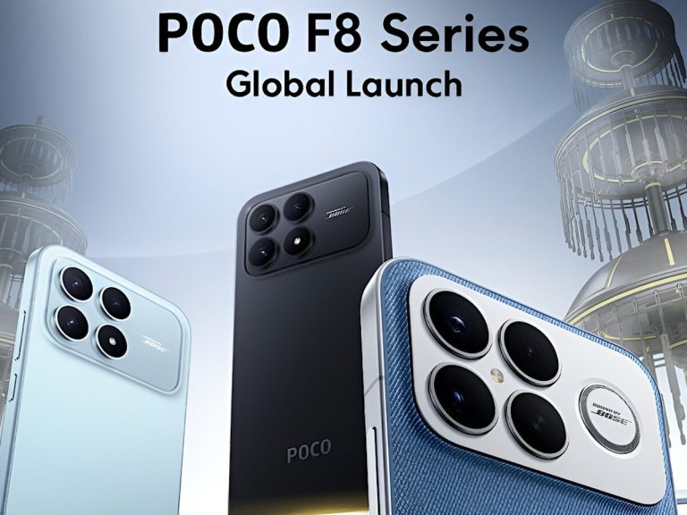 Banner promosi peluncuran global POCO F8 Series menampilkan tiga unit smartphone dengan varian warna biru muda, hitam matte, dan biru bertekstur, serta modul kamera belakang yang besar dan modern.