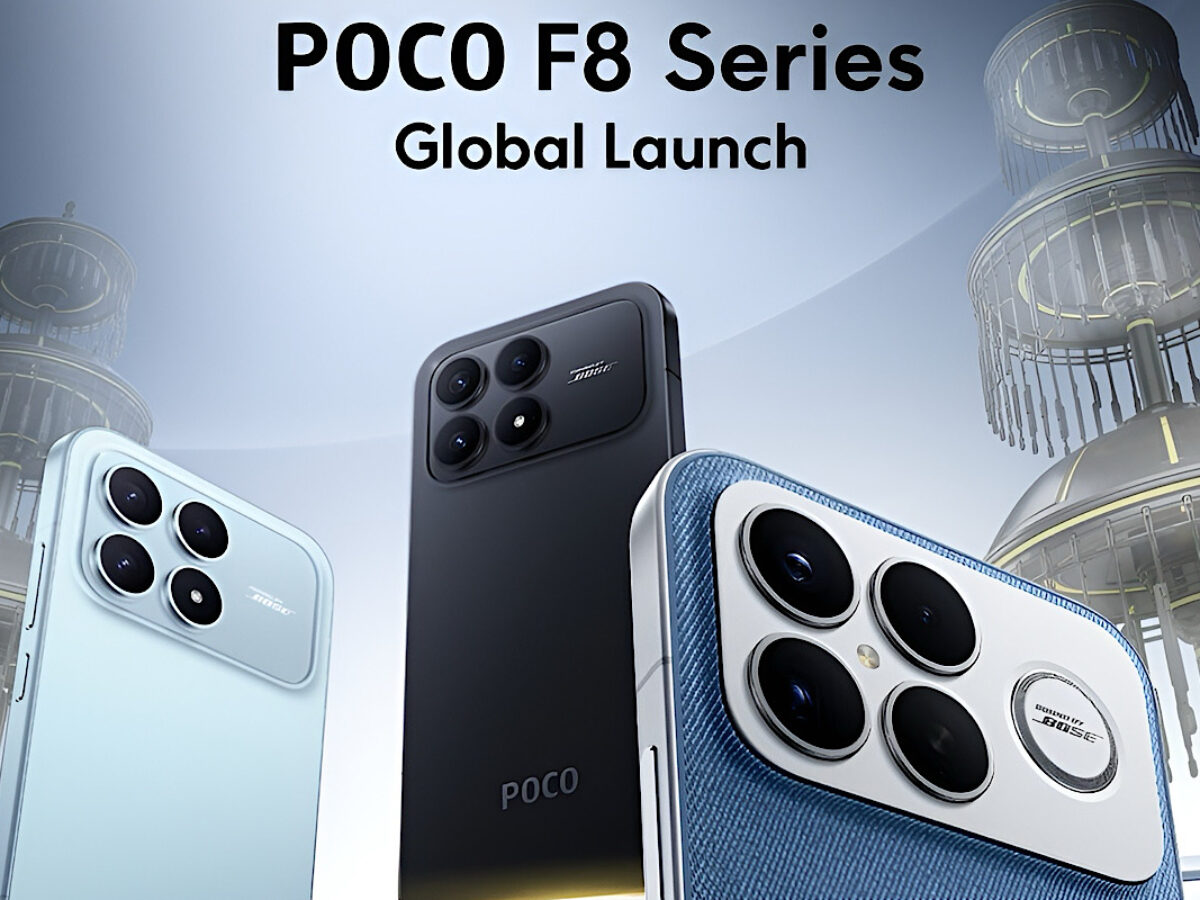 Banner promosi peluncuran global POCO F8 Series menampilkan tiga unit smartphone dengan varian warna biru muda, hitam matte, dan biru bertekstur, serta modul kamera belakang yang besar dan modern.